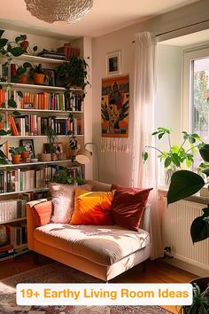 a living room filled with lots of plants and bookshelves next to a window