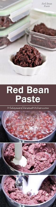 red bean paste is being made in pans