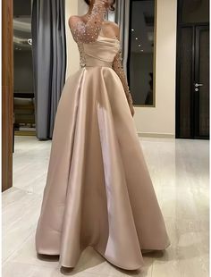 A-Line Evening Gown Princess Dress Formal Floor Length Long Sleeve Sweetheart Satin with Pleats Ruched Beading Embellished Long Sleeve Ball Gown For Prom, Floor-length Satin Gown With Sheer Bodice, Long Sleeve Embellished Satin Gown, Long Gown Elegant, Chic Prom Dresses, Modest Evening Dress, Gown Princess, Cute Dresses For Party, Gowns Dresses Elegant