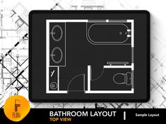 bathroom layout top view in black and white with text overlaying the floor plan