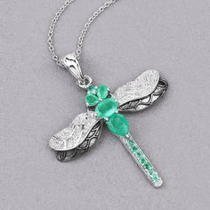 Genuine Emerald Dragonfly Sterling Silver Pendant Necklace for Women, May Birthstone Pendant, Green Dragonfly Pendant, Gift for Her Show your love and appreciation with this exquisite dragonfly pendant. Made of .925 sterling silver, it showcases a brilliant 1.87 carat genuine  emerald, the birthstone for May, and is accented with shimmering white topaz. The dragonfly design is both stylish and symbolic, representing transformation and adaptability, making this pendant a thoughtful and stylish gi Elegant Green Dragonfly Shaped Jewelry, Elegant Dragonfly Jewelry For Jewelry Making, Green Dragonfly Jewelry For Gifts, Green Dragonfly Jewelry As A Gift, Green Dragonfly Jewelry Gift, Dragonfly Design, Dragonfly Jewelry, Green Dragonfly, Bespoke Engagement Ring