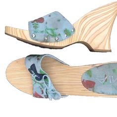 MIA heels wedge 3 inch heels slip on leather blue floral Sandals woman sz9 shoes Spring Clogs With 4-inch Wedge Heel, Spring Clogs With 4-inch Open Heel, Spring Wooden Heel Slip-on Wedge Sandals, Spring Open Toe Clogs With 4-inch Heel, Spring Wooden Heel Slip-on Heels, Spring Slip-on Heels With Wooden Heel, Summer Open Toe Clogs With 4-inch Heel, Blue Mules With Wooden Heel For Spring, Blue Spring Mules With Wooden Heel