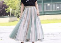 Adult Rainbow Color Long Skirt Women Rainbow Stripe Tulle Maxi Skirt Outfit Pastel Green Long Rainbow Skirt on Storenvy Tulle Maxi Skirt Outfit, Long Tutu Skirt, Lace Top Wedding, Tulle Skirts Outfit, Maxi Skirt Outfit, Outfits Pastel, Long Tutu, Red Plaid Skirt, Tulle Long Skirt