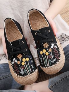 Black Casual Embroidered Slip-on Sneakers, Casual Sneakers With Flat Bottom For Spring, Casual Flat Bottom Sneakers For Spring, Summer Embroidered Slip-on Sneakers, Embroidered Slip-on Sneakers For Summer, Embroidered Closed Toe Sneakers For Spring, Embroidered Sneakers For Spring, Spring Embroidered Sneakers, Floral Embroidered Sneakers With Round Toe For Summer