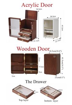 the wooden door is open and has drawers for various things to put in it,