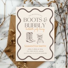 Saddle up and get ready for the ride of a lifetime with our hand-illustrated "Boots and Bubbly" Bachelorette Party Invitation! Inspired by the wild spirit of cowboys and the untamed beauty of the Wild West, this invitation is perfect for celebrating the bride-to-be's last rodeo. The intricate hand-drawn illustrations capture the essence of a country adventure, featuring cowboy boots, sparkling champagne, and rustic rodeo elements.  Each invitation is a unique piece of art, crafted with care and Boots Theme Party, Country Hens Party, Horse Themed Bachelorette Party, Western Cowgirl Bachelorette, Boots And Bubbly Bachelorette, My Last Rodeo Bachelorette, Colorado Bachelorette Party Theme, Dude Ranch Bachelorette, Bachelorette Western Theme