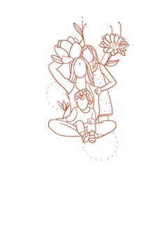 a drawing of a woman holding a child in her lap with flowers on the back