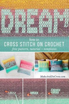 the crochet cross stitch on crochet pattern is shown in four different colors