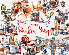 watercolor barber shop clipart set with scissors, combs and other items for sale