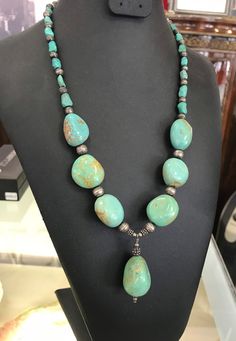 Southwestern large vintage beaded necklace with silver beads. 22 inches including a 2 inch drop 6 chunky round blue- green turquoise And one pear shaped drop Quarter size pieces that have  a substantial look! At least from the 80's Maybe earlier Torquise Necklaces, Large Bead Necklace Ideas, Handmade Turquoise Necklace, Chunky Turquoise Necklace, Turquoise Stone Jewelry, Large Bead Necklace, Handmade Statement Necklace, Beaded Jewelry Necklaces, Flower Mound