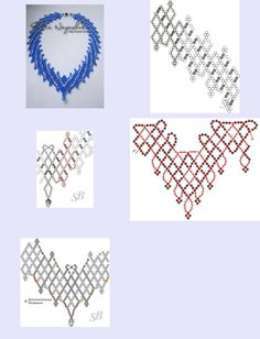 four necklaces are shown in different colors and sizes, each with an intricate design