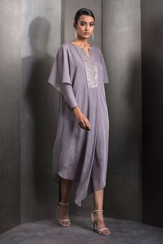 Rose steel kaftan featuring sequin crystal embroidery on the bodice upon a textured base and flowy asymmetric hemline. - Aza Fashions Rahul Khanna, Kaftan For Women, Crystal Embroidery, Embroidered Bodice, Pink Chiffon, Aza Fashion, Bodice, Sequin, Chiffon