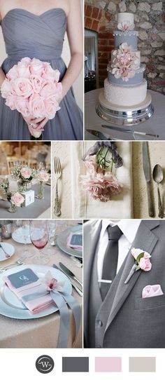 a collage of photos with pink flowers and gray suit on the left, light blue napkins on the right