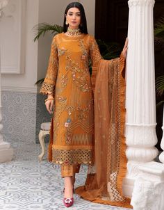 Emaan Adeel Bl-308 Belle Robe Wedding Original brand suit fabric and photography lite diffrance in actual print. Wedding Suits With Dupatta In Georgette, Wedding Georgette Suit With Dupatta, Wedding Suits With Dupatta For Eid, Elegant Digital Print Suits For Eid, Festive Organza Dress With Digital Print, Fitted Organza Lawn Suit For Wedding, Elegant Festive Lawn Suit With Digital Print, Elegant Lawn Suit With Digital Print For Festive Occasions, Wedding Salwar Kameez With Intricate Embroidery In Orange