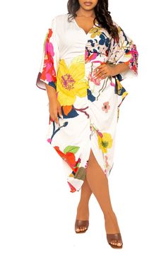 Enter the tropics everytime you slip into this vivid floral dress boasting a billowy caftan silhouette that's fit for your next paradise venture. V-neck Bracelet-length sleeves Unlined 95% polyester, 5% spandex Hand wash, line dry Imported Multicolor Hibiscus Print Spring Dresses, White Hawaiian Dress For Spring, White Hawaiian Spring Dress, Multicolor Floral Print Beach Dress For Brunch, Vibrant Spring Dress With Kimono Sleeves, Tropical Hibiscus Print Maxi Dress For Spring, Hawaiian Style Tropical Print Beach Dress For Spring, White Hibiscus Print Dress For Spring, Hawaiian Style Multicolor Spring Dress