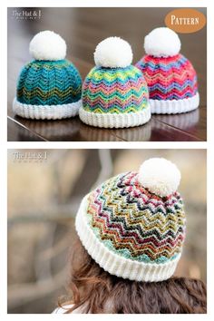 three knitted hats with pom - poms on top, one in multicolors and the other in white