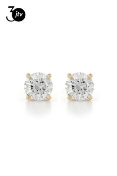 Prazana�� Lab-Grown Diamonds 0.75ctw round white lab-grown diamond, 14k yellow gold solitaire stud earrings. Measure approximately 1/8"L x 1/8"W and have screw back backings. IGI certified H-I color, SI clarity minimum. White Round Diamond Earrings, White Diamond Solitaire Round Cut Earrings, Timeless White Solitaire Diamond Earrings, White Solitaire Diamond Earrings, Lab Grown, White Solitaire Lab Grown Diamond Earrings, White Round Cut Diamond Earrings With Single Diamond, White Diamond Earrings With Single Round Cut, White Diamond Earrings With Round Cut, White Round Cut Single Diamond Earrings