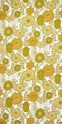 an orange and yellow flower pattern on a white wallpaper with green stems in the background