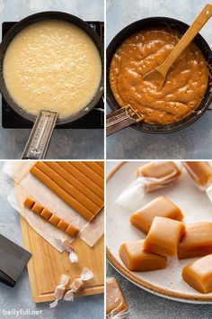 four pictures showing how to make pumpkin cheesecakes in a cast iron skillet