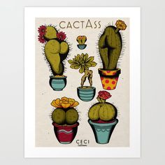 cactuses are arranged in different pots with flowers on the top and bottom, as well as