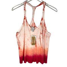 New! American Rag Women's Sleeveless Tank Top M Red Orange Tie Dye Scoop Neck Color: Rouge Red Combo Pullover Style, Braided Back Strap, Beach, Classic, Casual, Colorful, Lightweight. Slub Knit. Condition: New With Tag. No Flaws! Size: Medium Underarm-To-Underarm: 18" Length: 22" Material: 100% Viscose Casual Summer Vest With Tank Straps, Red Fitted Tank Top For Summer, Fitted Red Tank Top For Summer, Red Stretch Camisole For Spring, Red Cotton Racerback Tops, Red Cotton Tops With Tank Straps, Red Cami Tank Top For Summer, Red Fitted Tank Top For Vacation, Fitted Red Tank Top For Vacation