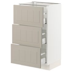 a white kitchen cabinet with three drawers