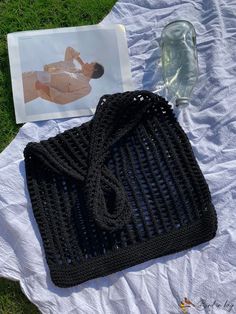 BirdinBag - Knitted Tote Bag with Elegant Hollow-out Design Casual Knitted Square Shoulder Bag, Casual Square Knitted Shoulder Bag, Crochet Shoulder Bag For Vacation, Everyday Hand Knitted Black Shoulder Bag, Black Hand Knitted Shoulder Bag For Everyday, Black Hand Knitted Shoulder Bag, Casual Knitted Rectangular Shoulder Bag, Black Crochet Bag Hand Knitted For Everyday Use, Black Hand-knitted Crochet Bag For Daily Use