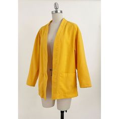 "80s 90s yellow open front blazer with oversized pockets. Fabric looks like a linen or linen blend. Fully lined. Has a couple very faint, tiny marks - see photos. In overall great vintage condition. All measurements are taken with the garment laying flat and doubled for the bust, waist, and hips. Bust: 38\" when front edges meet 38\" around the hem when front edges meet Shoulder to Shoulder: 19\" Sleeve (center back collar seam to shoulder + shoulder to cuff): 29\" Length (center back collar sea Formal Vintage Yellow Outerwear, Retro Yellow Outerwear With Pockets, Vintage Yellow Cotton Outerwear, Yellow Long-sleeved Cotton Blazer, Vintage Yellow Long Sleeve Windbreaker, Horse Vintage, Oversized Pockets, Yellow Blazer, Cape Jacket