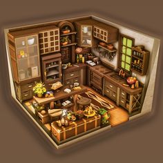 an overhead view of a kitchen with lots of furniture