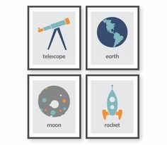 four framed pictures with different types of objects in the shape of stars, moon and telescope