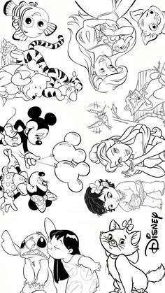 cartoon characters are drawn in black and white