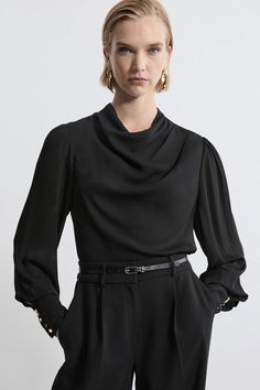 Pintuck Shoulder Detail Georgette Woven Blouse Elegant Evening Tops With Gathered Sleeves, Formal Solid Color Blouse With Pleated Sleeves, Black Tops With Blouson Sleeves For Formal Occasions, Black Formal Top With Blouson Sleeves, Black Blouson Sleeve Top For Formal Occasions, Black Top With Blouson Sleeves For Formal Occasions, Chic Formal Tops With Gathered Sleeves, Black Blouse With Gathered Sleeves For Work, Black Pleated Sleeve Blouse For Work