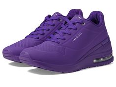 SKECHERS Million Air - Elevat-Air - Women's  Shoes : Purple : Amp up any look, wearing the super comfy SKECHERS Million Air - Elevat-Air Sneakers, featuring high cushioning for added comfort. Synthetic embossed durabuck upper. Textile lining and removable Skechers Air-Cooled Memory Foam comfort insole. Classic lace-up closure. Padded collar and tongue for superior cushioning. Signature brand name on the tongue and upper. Skech-Air visible airbag midsole. Round toe silhouette. Flexible traction T Purple Tennis Shoes, Skechers Shoes, Skechers Women, Kids Luggage, Designer Sneakers, Tennis Shoes, Wedge Heels, Womens Sneakers, Sneakers Fashion