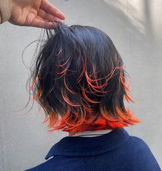 Dip Dyed Bangs, Purple And Orange Hair Short, Fire Dyed Hair, Shine Line Hair Color, Silver And Orange Hair, Orange And Pink Highlights, Orange To Red Hair, Subtle Fun Hair Color, Hair Dye Tips Of Hair