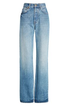 The signature 'J' doubles as a belt loop on these high-rise, straight-leg jeans crafted from cotton nonstretch denim in a faded medium wash. 34" inseam; 16" leg opening; 12" front rise; 16" back rise (size 28) Zip fly with button closure Five-pocket style 100% cotton Dry clean Made in Portugal Designer Clothing Classic Relaxed Fit Cropped Jeans With Belt Loops, Classic Straight Cropped Jeans With Belt Loops, Classic Flare Jeans With Belt Loops, Classic Cropped Jeans With Belt Loops And Straight Hem, Jacquemus Jeans, Expensive Jeans, Fashion Jeans, Casual Vest, Tiktok Style