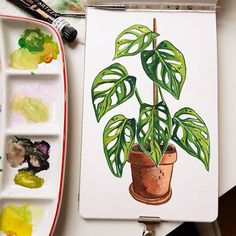 a painting of a potted plant on a table with paint and watercolors