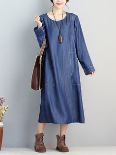 Item Code: 7189231927358 Material: 100%Tencel Collar Type: O-neck Clothing Placket: Hedging Pattern: Plain Style: Casual Sleeve: Long Sleeves Clothing Details:Pocket Waist: Loose Season: Spring,Autumn Combination: Single Piece Color:Blue One Size Fit For M/L(EU 38-42,US8-12,UK12-16,AU12-16,NZ12-16)Length: 107.00 cm/ 42.13 "Bust: 112.00 cm/ 44.09 "Shoulder: 44.00 cm/ 17.32 "Sleeve length: 59.00 cm/ 23.23 "Arm: 36.00 cm/ 14.17 "Cuff: 27.00 cm/ 10.63 "Hem: 144.00 cm/ 56.69 "Waist: 120.00 cm/ 47.24 Plain Non-stretch Dress For Fall, Casual Long Sleeve Non-stretch Maxi Dress, Long Sleeve Shift Maxi Dress Solid Color, Casual Plain Maxi Dress For Fall, Casual Long Sleeve Long Dress For Spring, Non-stretch Casual Winter Midi Dress, Plain Cotton Fall Dresses, Casual Non-stretch Winter Midi Dress, Casual Long Sleeve Solid Color Maxi Dress