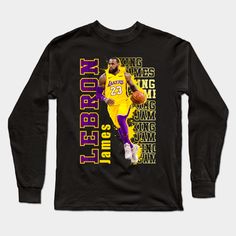 a black long sleeved shirt with the los lakers logo on it and an image of le