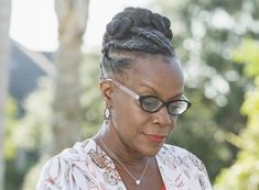 60 Years Old Women, Natural Hairstyles For Women, Braided Updo Natural Hair, Black Cornrow Hairstyles, Grey Hair Braids, Women With Glasses, Hairstyles For Seniors, Kinky Twists Hairstyles, Grey Hair Over 50