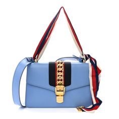 GUCCI Calfskin Small Sylvie Shoulder Bag Clear Sky Blue | FASHIONPHILE Sky Blue Color, Vanity Bag, Fashion Enthusiast, Clear Sky, Gucci Belt