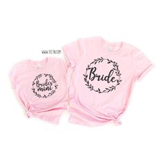 *Listing is for 2 Shirts* Bride and Bride's Mini Shirt Set Sample photo is show on pink top with Charcoal lettering. Default lettering color is charcoal see other lettering option in the photos section. The dot chart photo shows available color options for lettering. Sizing: Bella Canvas brand, unisex fit. The top has a loose fit. Sizes 24 months and smaller are placed on a one piece bodysuit. Care Instructions: Turn inside out wash on gentle & dry on low. I use high quality cotton tops &amp Pink Crew Neck Top For Bridal Shower, Pink Crew Neck Top For Wedding, Spring Wedding Crew Neck Top, Pink Short Sleeve Top For Wedding, Wedding Shower Outfit, Big Cousin Shirt, Little Sister Shirt, Middle Sister, Shower Outfits