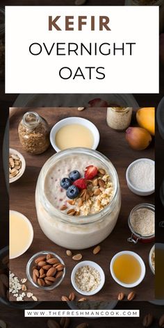 an oatmeal bowl with nuts and berries in it, surrounded by other ingredients