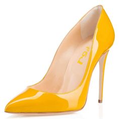 Elevate your office attire with Yellow Pointy Toe Office Heels and Stiletto Heel Pumps. These vibrant yellow pumps feature a sleek pointy-toe design and a classic stiletto heel, providing both style and height. With cushioned insoles and arch support, they offer a comfortable fit for long workdays. Versatile and chic, these pumps are the perfect addition to your professional wardrobe, complementing a range of office outfits. Step into the office with confidence and style in these eye-catching yellow stiletto pumps. Handcrafted US sizing. Fits true to size. Heel Height: 4.72" / 120 mm approx Product measurements were taken using size 8. Please note that measurements may vary by size. Vibrant Yellow Color: These pumps feature a striking yellow color that adds a pop of brightness to your offi Pumps For Work, Heels Yellow, Office Heels, Yellow Pumps, Pencil Heels, Alternative Disney, Shoes Yellow, Work Formal, Slip On Dress Shoes