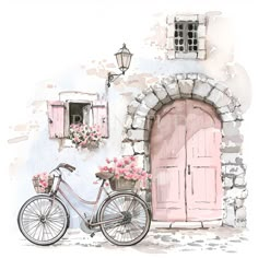 a watercolor painting of a bicycle parked in front of a pink door