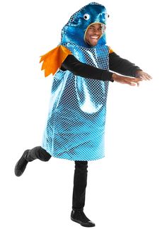 a man in a blue fish costume is holding his arms out to the side and smiling