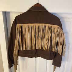 Nwot Never Wore This Because It Was Too Hot In Nashville. Super Cute Brown With Tan Fringe. No Flaws Beige Long Sleeve Outerwear With Fringe, Vintage Brown Fringed Outerwear, Vintage Brown Fringe Outerwear, Brown Long-sleeve Fringe Outerwear, Brown Fringe Outerwear For Spring, Brown Fringe Outerwear For Winter, 12th Tribe, Fringe Jacket, High Boots