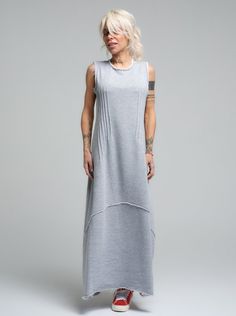 Relaxed-Fit Grey Maxi Dress – Clothes By Locker Room Casual Gray Sleeveless Maxi Dress, Sleeveless Gray Maxi Dress For Spring, Sleeveless Maxi Dress With Side Slits For Daywear, Spring Sleeveless Maxi Dress With Side Slits, Summer Viscose Maxi Dress With Side Slits, Sleeveless Viscose Maxi Dress For Daywear, Chic Gray Maxi Dress, Grey Maxi, Stocking Fillers For Her