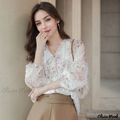 Olivia Mark - Vintage Long Sleeve Floral Print Chiffon Blouse with Stand Collar Slim Shoulder Lantern Sleeves Top Floral Print Chiffon Blouse, Mark Vintage, Lantern Sleeve Top, Floral Print Chiffon, Vintage Long Sleeve, Sleeves Top, Chiffon Blouse, Print Chiffon, Lantern Sleeves