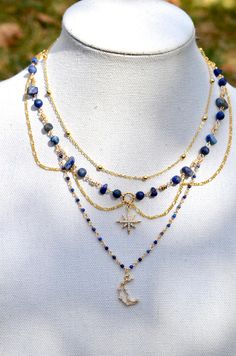 Gorgeous multi layered necklace featuring Lapis stones and cubic zirconia charms. This necklace is made with 14k gold filled metal that won't tarnish with proper care. Adjustable chain in the back makes this layered necklace perfect for all sizes and can be worn at multiple different lengths. Layered Necklace Beads, Cottagecore Necklace, Fairycore Necklace, Witchy Necklace, Weird Jewelry, Layering Necklaces, Lapis Lazuli Necklace, Gold Filled Necklace, Witchy Jewelry