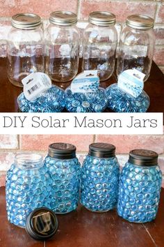 mason jars filled with blue beads and labeled diy solar mason jars